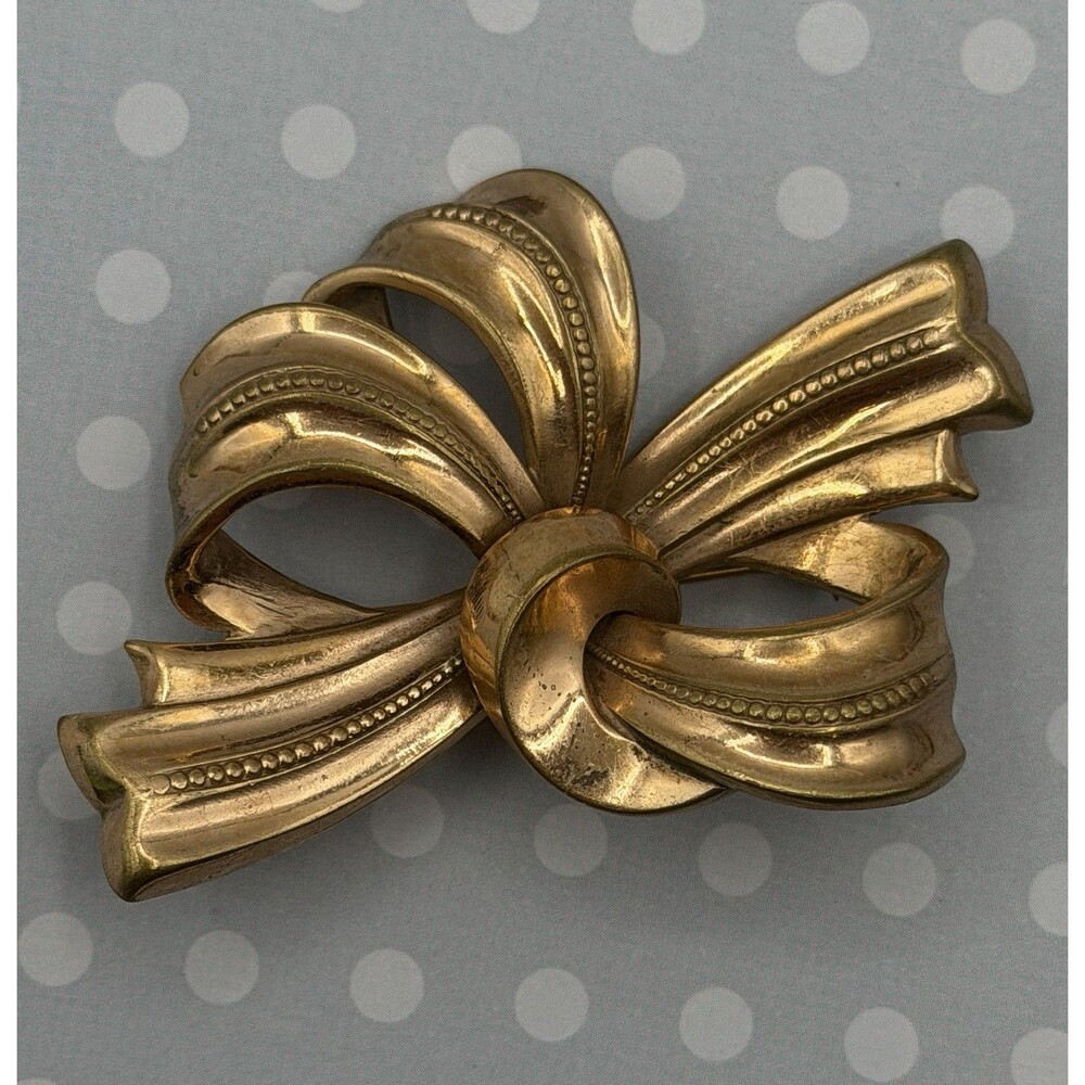 Vintage Large Bow Shaped Brooch Gold Tone Marked Mexico 2.5" Ribbon Pin